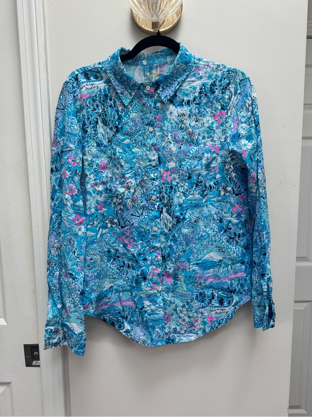 Lilly Pulitzer Seacoast Linen Turquoise Floral Button-Down Shirt